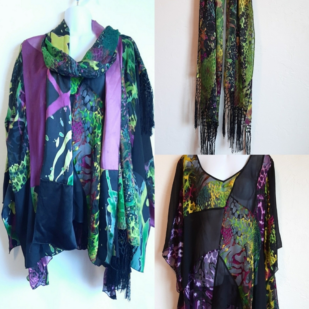 Simply Silk Abstract Kimono Blouse Scarf Set